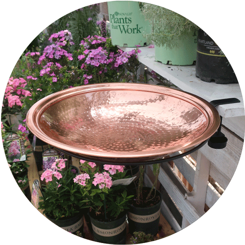 A copper colored bird bath dish in a black metal ring attached to a wooden shelf.
